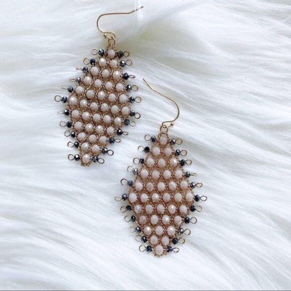 MARLYN SCHIFF Beaded Gold Toned Diamond Shape Drop Earrings - Picture 1 of 3